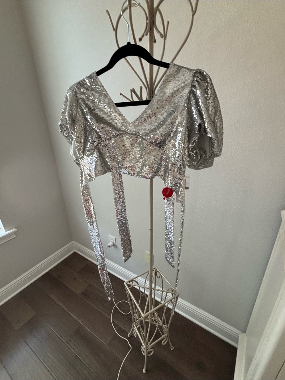 Silver Sequin Puff Sleeve Wrap Crop Top with Ties
